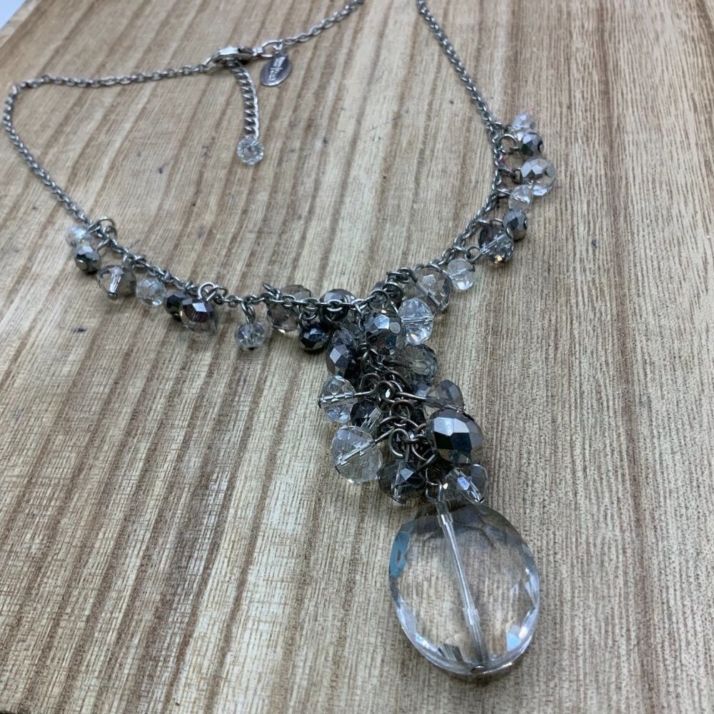 WHBM Dangling Silver Tone Clear Beaded Glitz Y Necklace